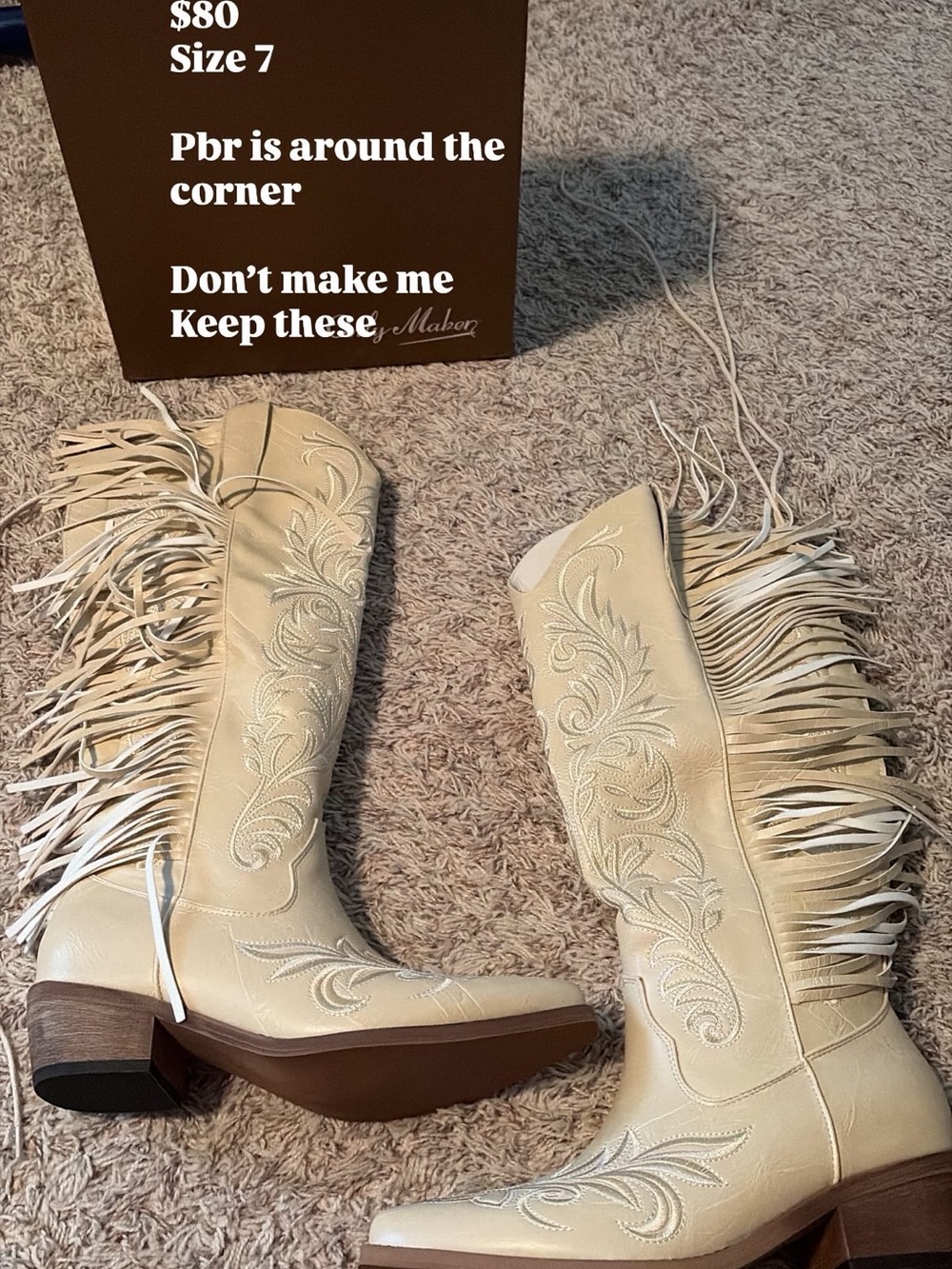 Fringe Western Knee-High Boots - Cream Women's Shoes